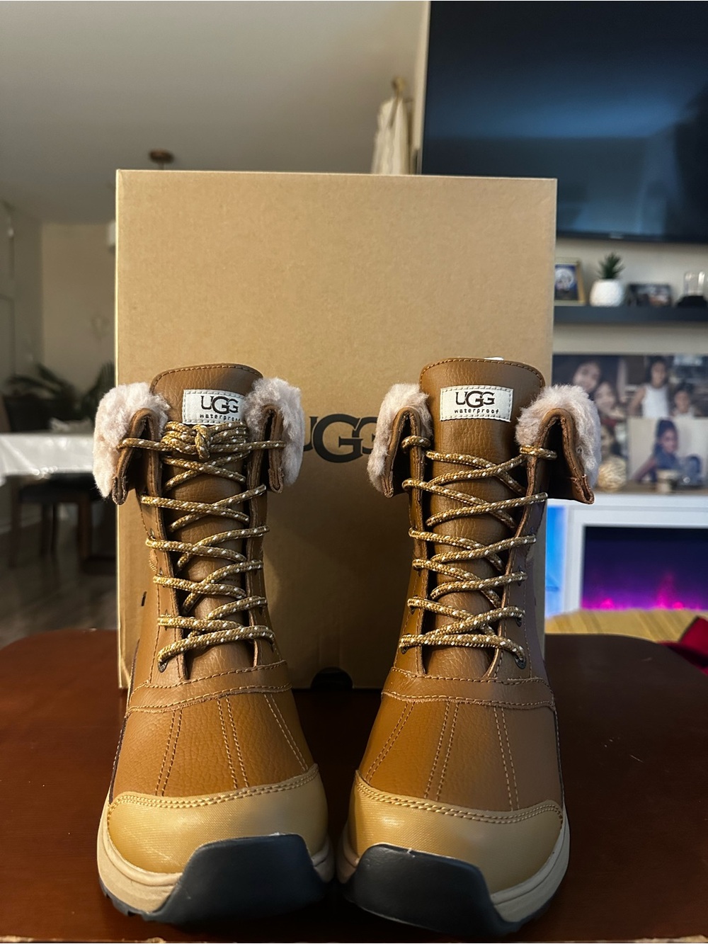 UGG Chestnut Brown Lace-Up Shearling-Trim Winter Boots